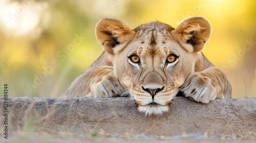 Fototapeta Young lioness peering over rock, savanna background, wildlife photography, perfect for nature documentaries
