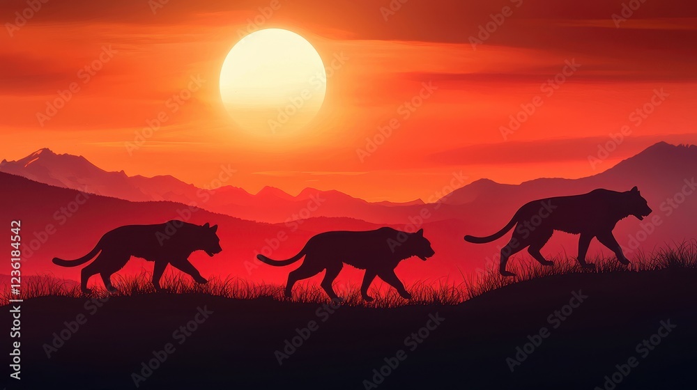 Silhouette of Wild Cats Walking Against Sunset with Mountains in Background and Vibrant Sky Silhouette of Wild Cats Walking Against Sunset with Mountains in Background and Vibrant Sky