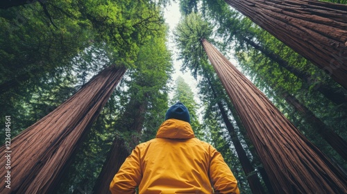 Person Gazing Up at Immense Redwood Trees in Forest