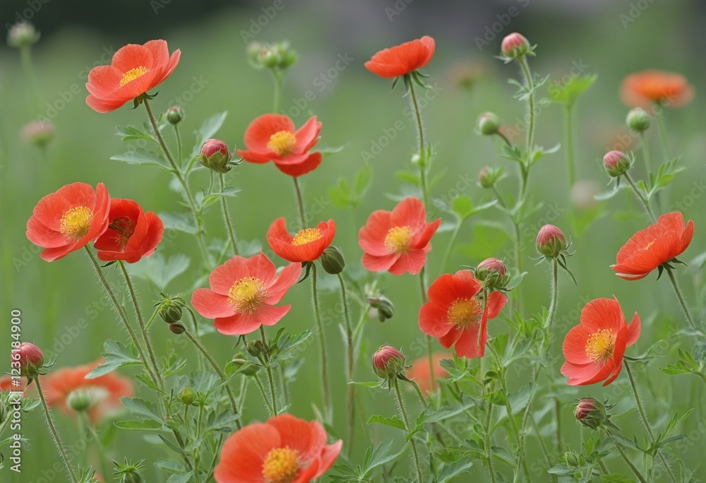 Naklejka premium Vibrant Scarlet Avens: A Bright Red Floral Display Amidst Lush Greenery
