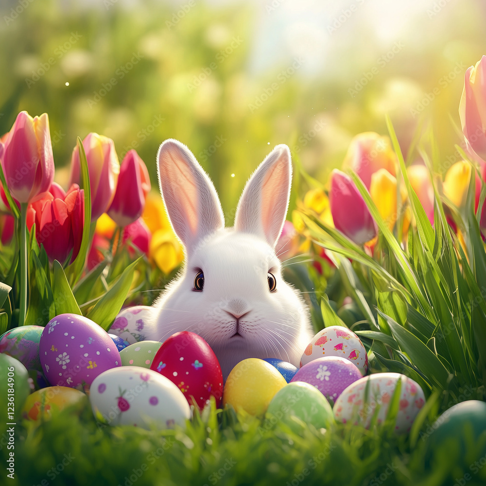 Fototapeta premium Playful white rabbit surrounded by brightly painted Easter eggs and colorful tulips in a sunny garden for a cheerful springtime moment