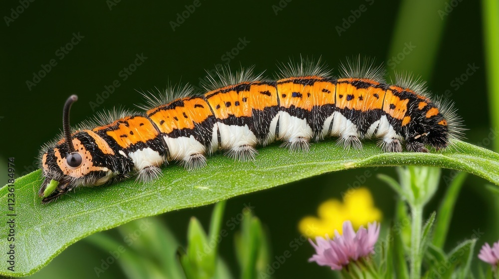 Orange And Black Hairy Caterpillar On Green Leaf Orange And Black Hairy Caterpillar On Green Leaf