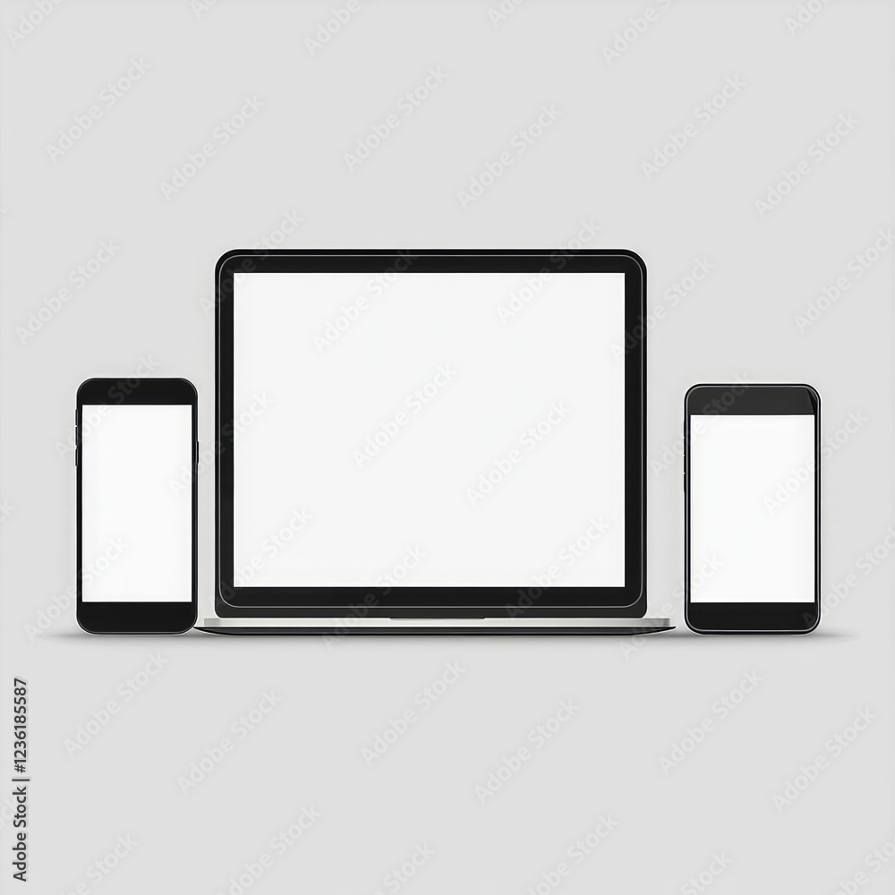 Device screen mockup. Smartphone, tablet, laptop and mono block monitor, with blank screen for you design. PNG. Vector illustration Device screen mockup. Smartphone, tablet, laptop and mono block monitor, with blank screen for you design. PNG. Vector illustration