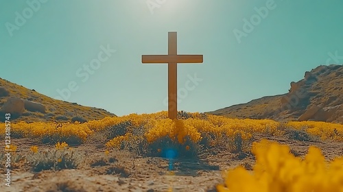 A simple wooden cross surrounded by a field of wildflowers.