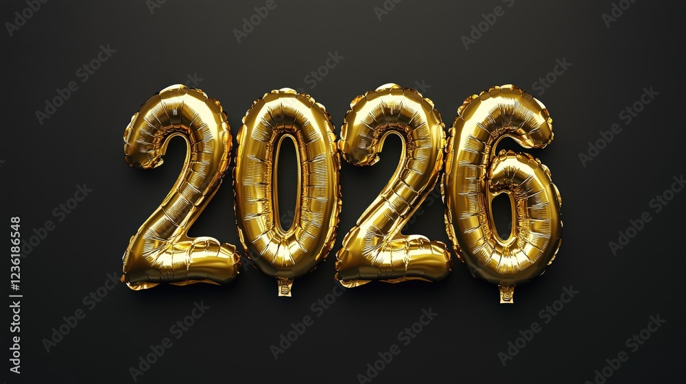 Shiny Gold Foil Balloons Shaped Like the Numbers 2026 Against a Dark Background for Celebration and New Year Events Shiny Gold Foil Balloons Shaped Like the Numbers 2026 Against a Dark Background for Celebration and New Year Events