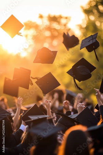 Graduation ceremony with students throwing caps in celebration during sunset, representing achievement, joy, and new beginnings in education and life goals.