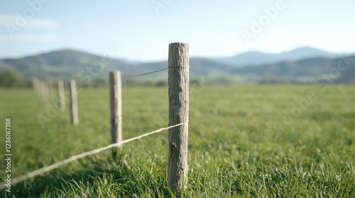 Rural fence post, green field, mountain background, idyllic landscape