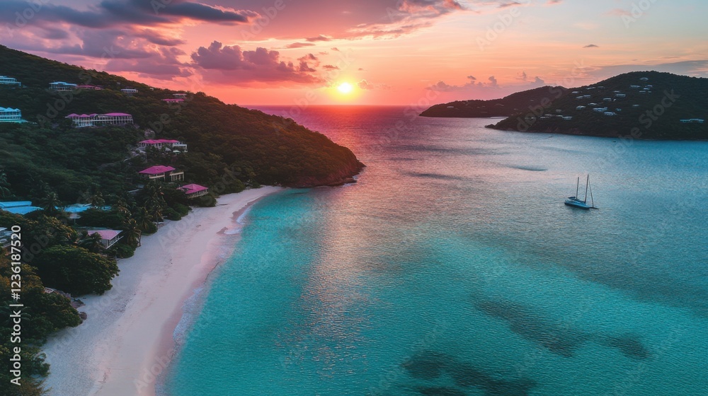 Fototapeta premium Breathtaking Beach Sunset Over Calm Waters in the Caribbean with Lush Green Hills and Clear Sky