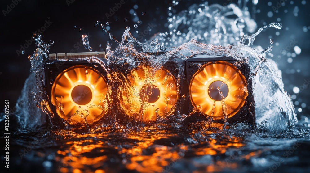 Fototapeta premium Graphics card submerged in water with glowing fans, showcasing cooling technology for gaming, computer hardware innovation, and performance optimization in electronics.