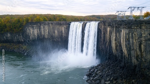 Majestic Waterfall Cascading Over Rocky Cliffs in Autumn Landscape