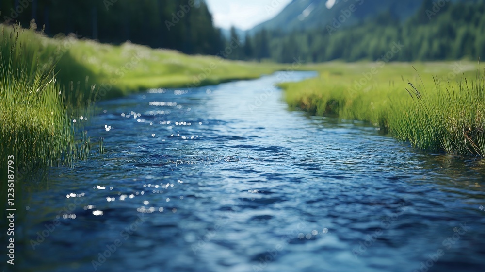 Fototapeta premium Serene River Flowing Through Lush Green Landscape Under Bright Blue Sky in Nature