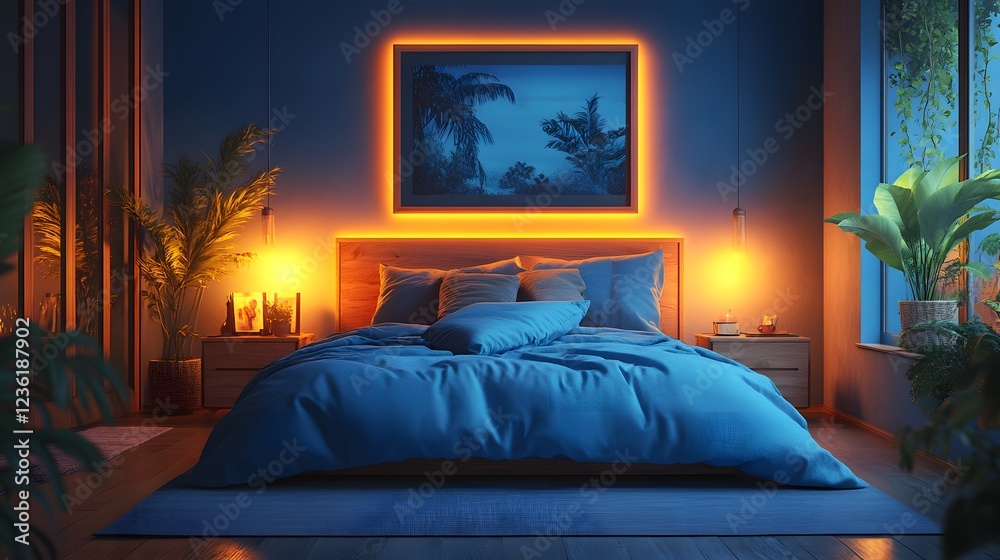 Home mockup displayed above stylish nightstand in a dark blue bedroom Warm ambient lighting casts a soothing glow over plush pillows and decorative accents in this cozy 3D render Home mockup displayed above stylish nightstand in a dark blue bedroom Warm ambient lighting casts a soothing glow over plush pillows and decorative accents in this cozy 3D render