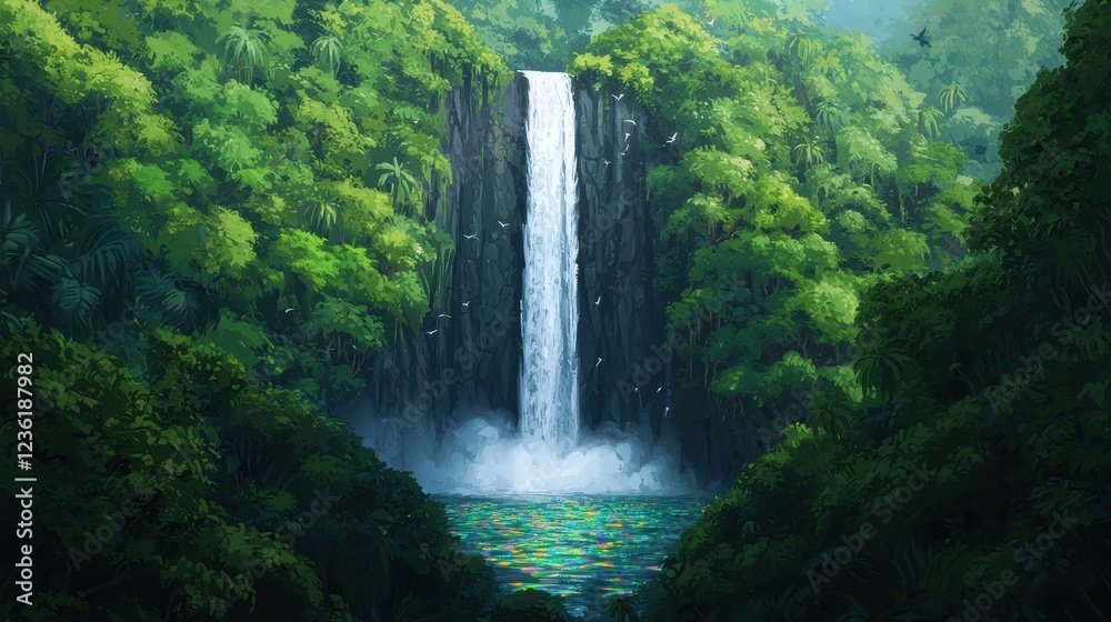 Majestic Waterfall Surrounded by Lush Green Jungle Landscape Majestic Waterfall Surrounded by Lush Green Jungle Landscape