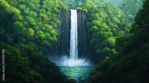 Majestic Waterfall Surrounded by Lush Green Jungle Landscape