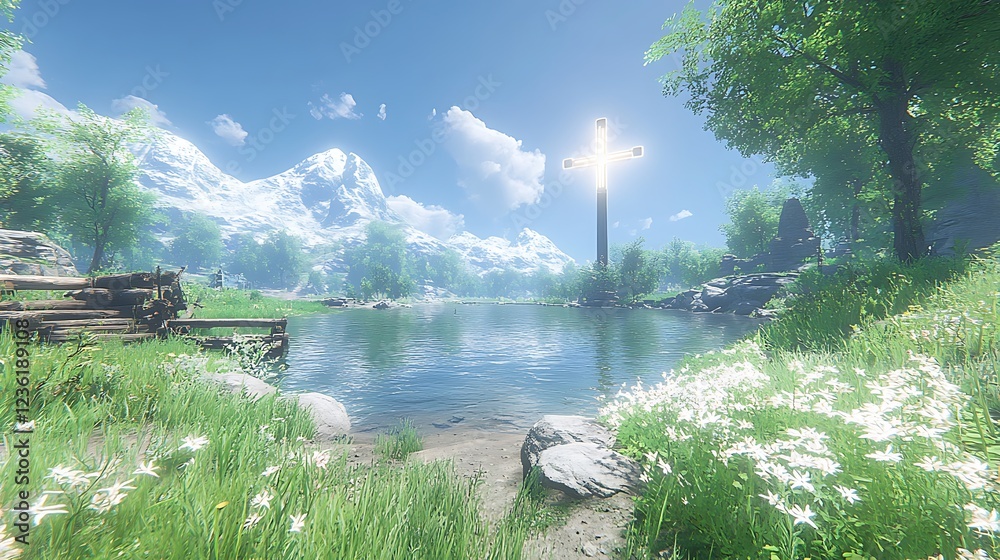 Naklejka premium A small, serene pond reflecting a bright cross in the distance.