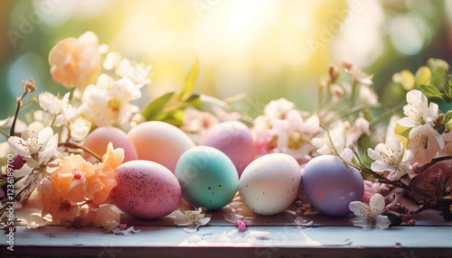 Pastel Easter eggs nestled amongst delicate spring blossoms.  A sun-drenched, vibrant image perfect for greeting cards, websites, or springtime advertising.