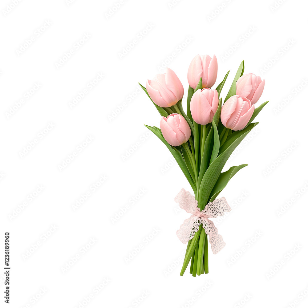 Light pink tulips elegantly arranged in a bouquet with delicate ribbon for a charming floral display