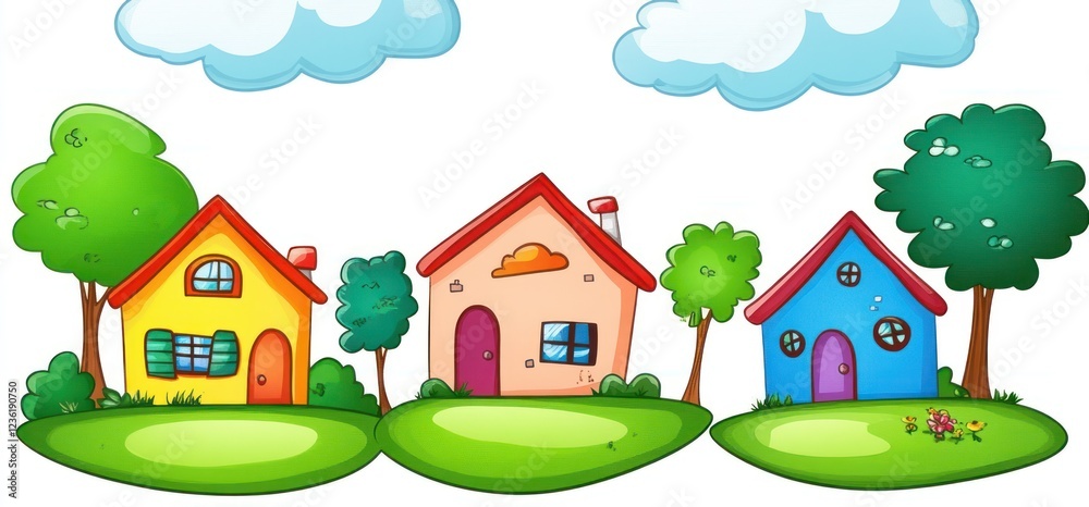 Colorful cartoon houses with trees and clouds in background