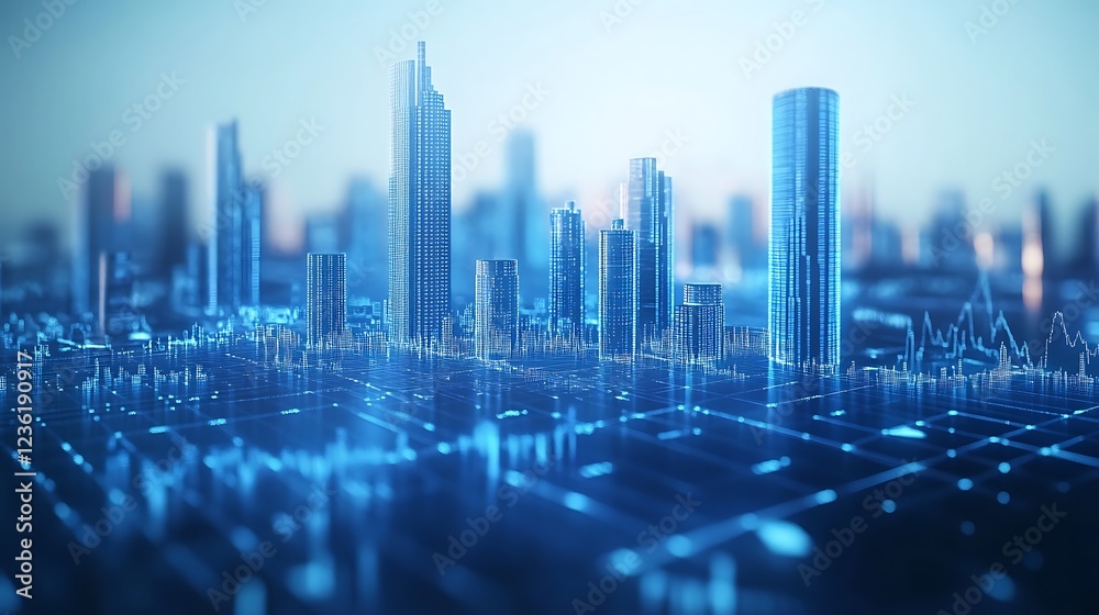 Futuristic City Skyline with Digital Overlay Futuristic City Skyline with Digital Overlay