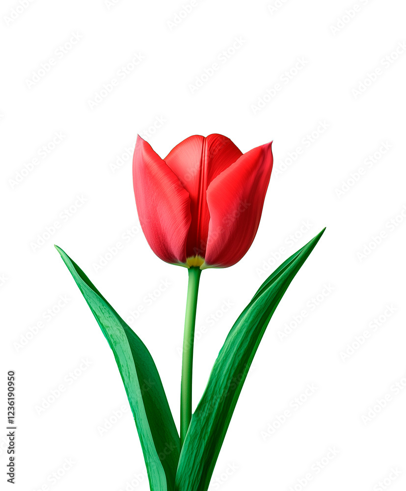 Beautiful red tulip with green stem stands gracefully against a white background Beautiful red tulip with green stem stands gracefully against a white background