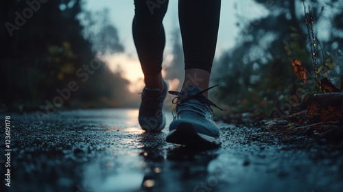 Person Jogging on Rain Soaked Path at Dawn Low Angle View