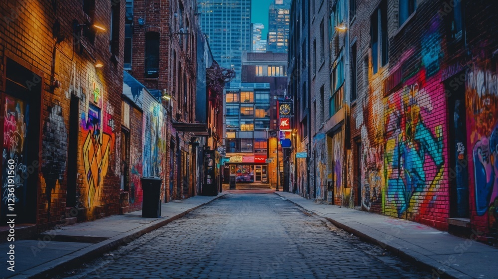 Fototapeta premium Vibrant Street Art Illuminates Urban Alley at Night