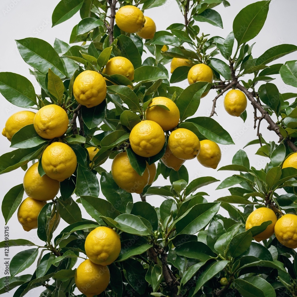 A vibrant lemon tree with fresh yellow lemons hanging amid glossy green leaves, set against a plain white background. A vibrant lemon tree with fresh yellow lemons hanging amid glossy green leaves, set against a plain white background.