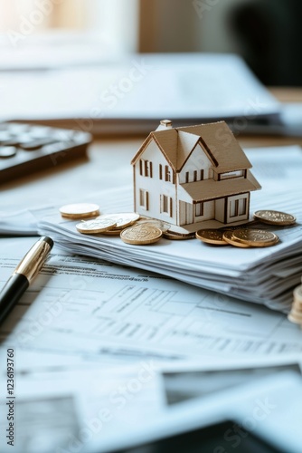 House model, coins and paperwork on table representing real estate investment, property valuation, financial planning, mortgage options, and market analysis.