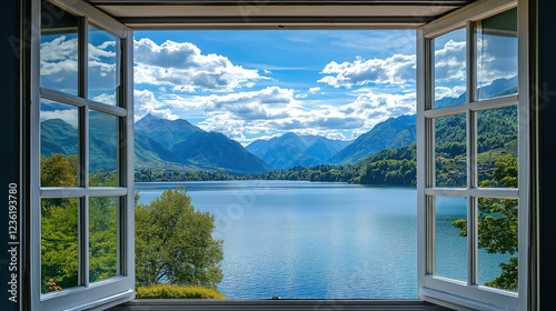 Fototapeta Naklejka Na Ścianę i Meble -  lake and mountains view from open window