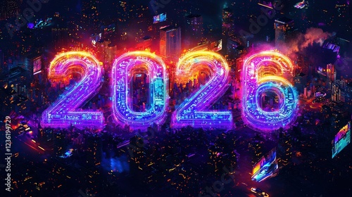 Glowing Neon Lights Form 2026 in a Vibrant 3D Cityscape at Night with Stunning Visual Effects