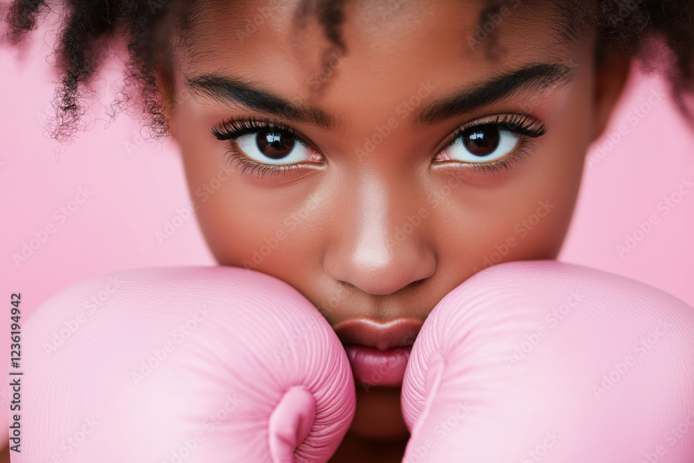 Determined African American girl with pink boxing gloves on a pink background Determined African American girl with pink boxing gloves on a pink background