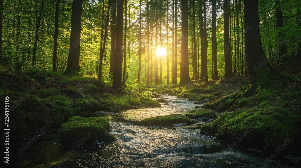 Obraz premium Serene Sunset in a Lush Forest, A Magical River's Flow