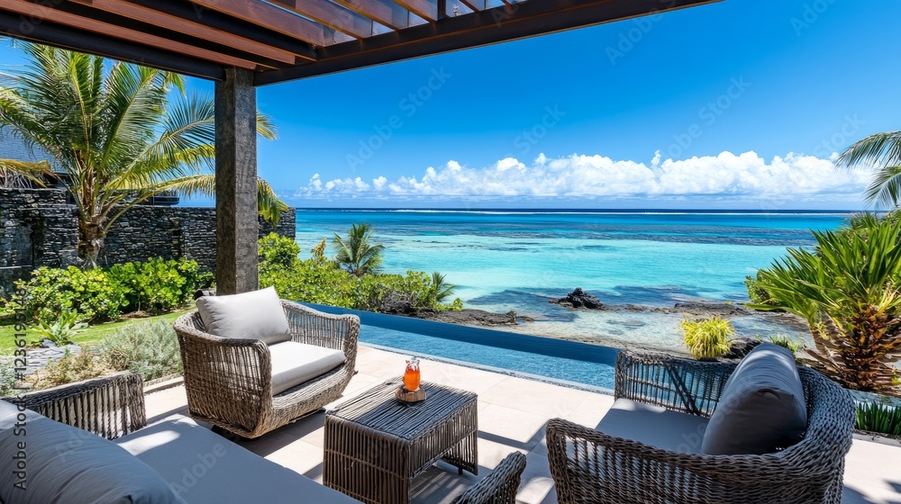 Fototapeta premium Relaxing Patio Furniture On A Tropical Island, Overlooking A Stunning Turquoise Ocean. Perfect Vacation Vibes!