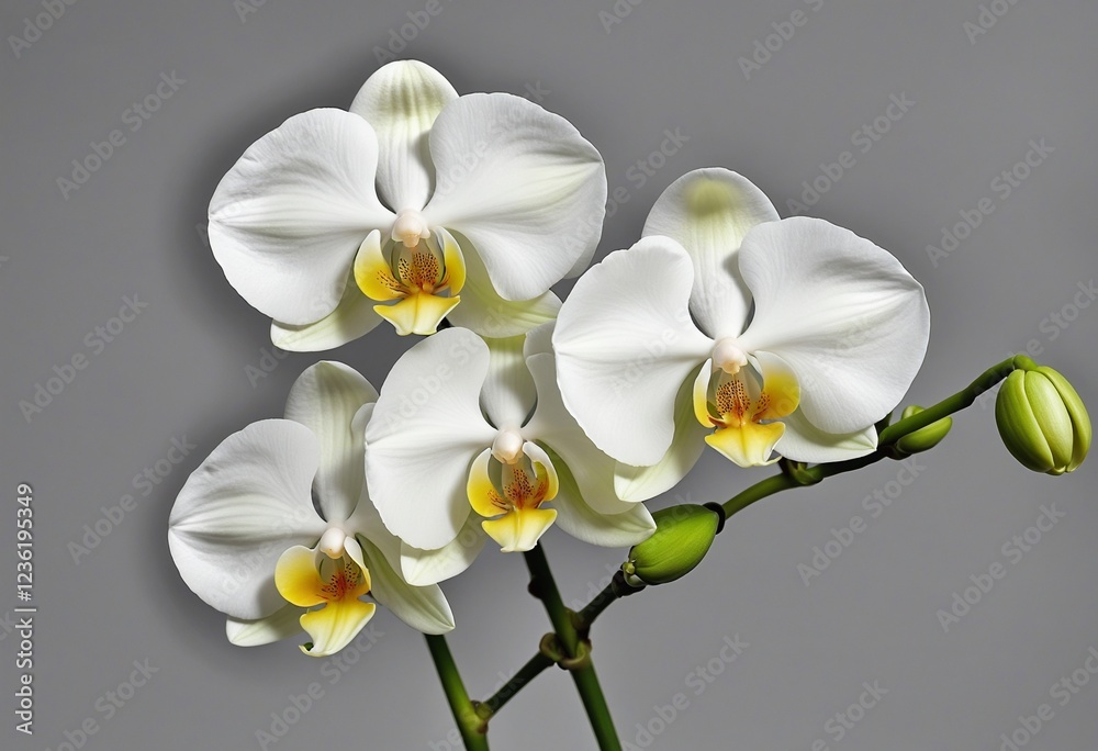 Obraz premium Minimalist White Phalaenopsis Orchids with Green Buds on Soft Gray Canvas