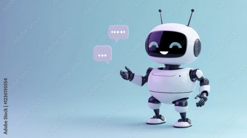 Fototapeta premium Friendly robot character engaging in conversation with speech bubbles