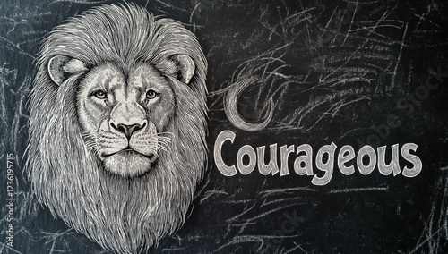 Hand-drawn lion on blackboard with empowering text 'Courageous' celebrating strength and bravery, blending art with motivation