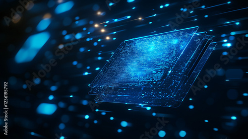 A glowing blue holographic document hovering over a network cloud interface, representing seamless and secure online file storage 