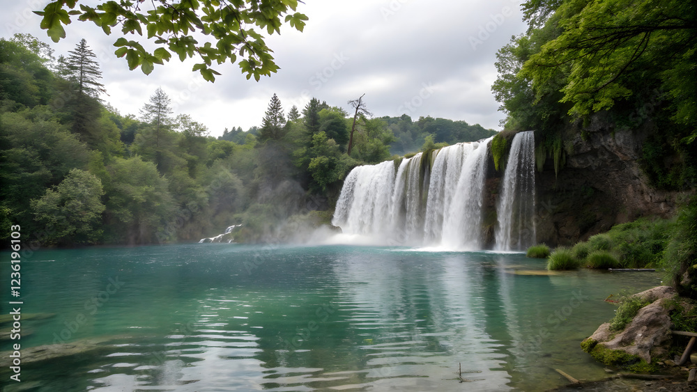 Fototapeta premium Beautiful waterfall in the lush forest of Plitvice National Park with flowing water over rocks and greenery