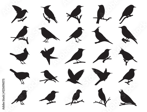 collection of 20 black bird silhouettes in various poses clipart design