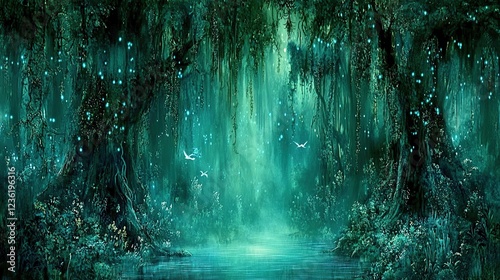 Enchanting swamp forest path, glowing, birds, fantasy backdrop