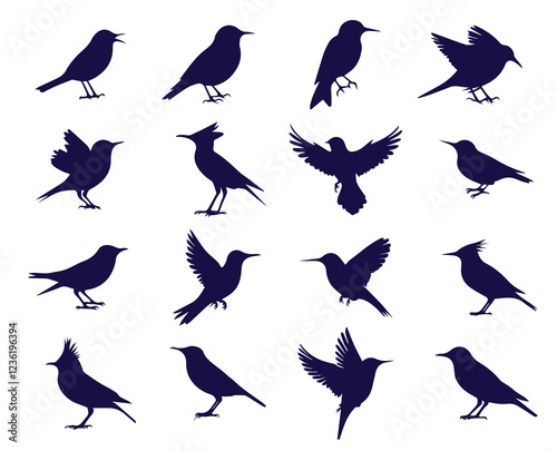 collection of 20 black bird silhouettes in various poses clipart design