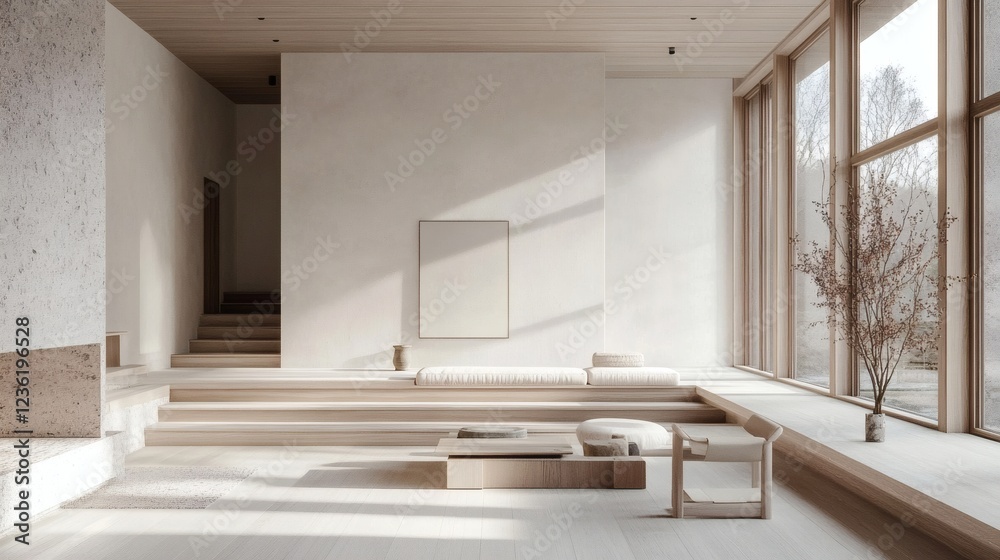 Fototapeta premium Serene Minimalist Living Room with Natural Light and Wooden Features
