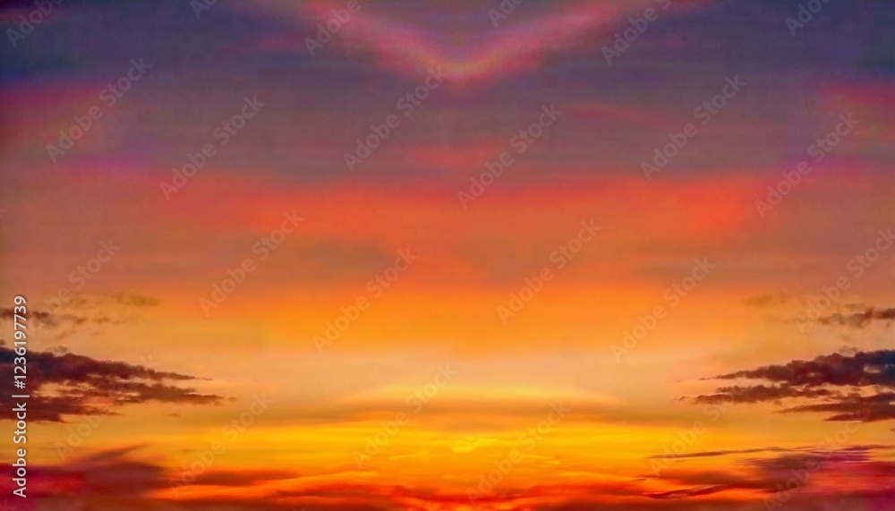 Obraz premium Ciel bleu avec nuages ​​au coucher du soleil. Panorama. Coucher de soleil doré orange vif. Fond de ciel coloré en soirée. Large bannière. Espace de copie.