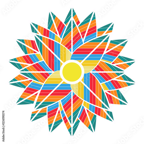 A colorful flower with a yellow sun in the center