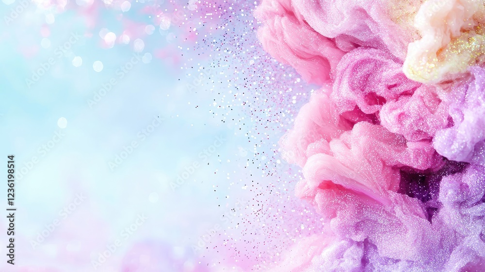 Fototapeta premium Pastel ink swirls in water, glitter background, abstract art