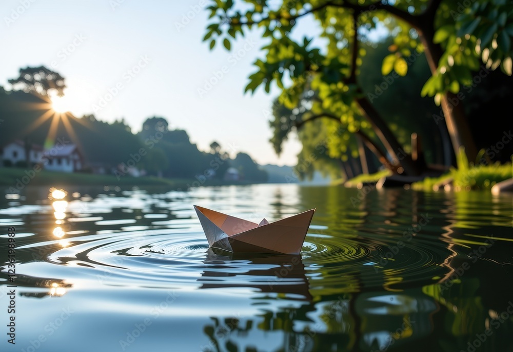 Obraz premium A paper boat floats serenely on a calm river bathed in the warm glow of the setting sun. Sunlight filters through the lush green foliage of trees lining the riverbank