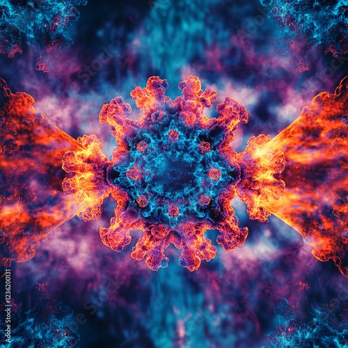 Abstract digital representation of red and blue virus-like cells, symbolizing infection and disease. The image showcases the spreading of the virus in a vibrant, symmetrical pattern. photo