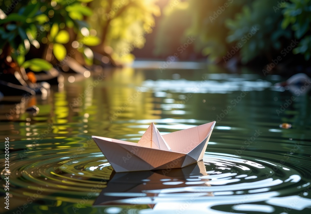 Obraz premium A paper boat floats serenely on a calm river bathed in the warm glow of the setting sun. Sunlight filters through the lush green foliage of trees lining the riverbank