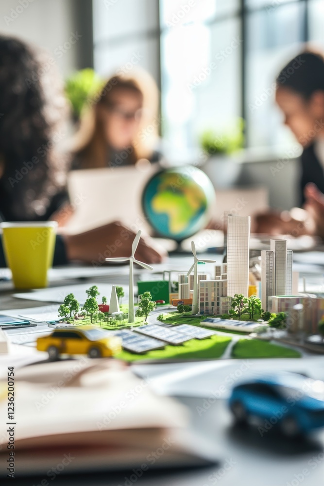 Fototapeta premium Model city layout on table with professionals collaborating on sustainable urban development strategies in modern office. Environmental impact and green technology focus.