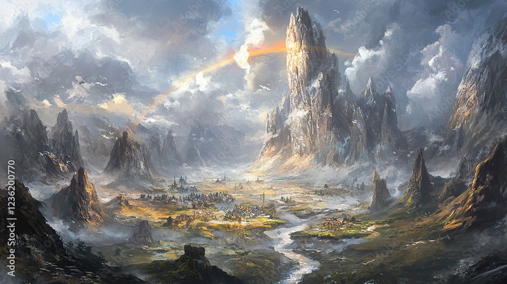 Naklejka premium Majestic peak, valley village, rainbow, cloudy sky, fantasy landscape